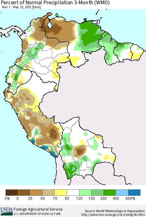 Northern South America Percent of Normal Precipitation 3-Month (WMO) Thematic Map For 3/1/2021 - 5/31/2021