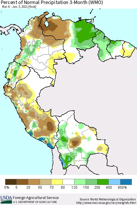 Northern South America Percent of Normal Precipitation 3-Month (WMO) Thematic Map For 3/6/2021 - 6/5/2021