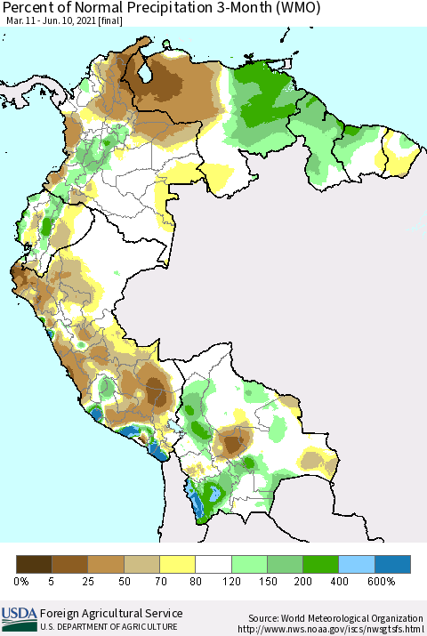 Northern South America Percent of Normal Precipitation 3-Month (WMO) Thematic Map For 3/11/2021 - 6/10/2021