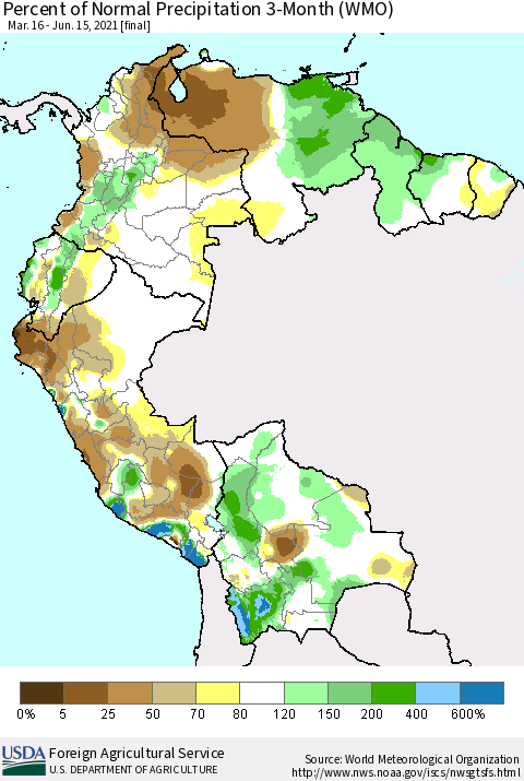 Northern South America Percent of Normal Precipitation 3-Month (WMO) Thematic Map For 3/16/2021 - 6/15/2021