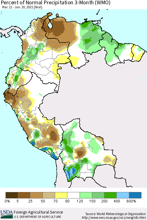 Northern South America Percent of Normal Precipitation 3-Month (WMO) Thematic Map For 3/21/2021 - 6/20/2021