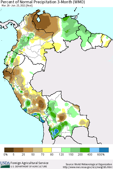 Northern South America Percent of Normal Precipitation 3-Month (WMO) Thematic Map For 3/26/2021 - 6/25/2021