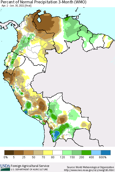 Northern South America Percent of Normal Precipitation 3-Month (WMO) Thematic Map For 4/1/2021 - 6/30/2021