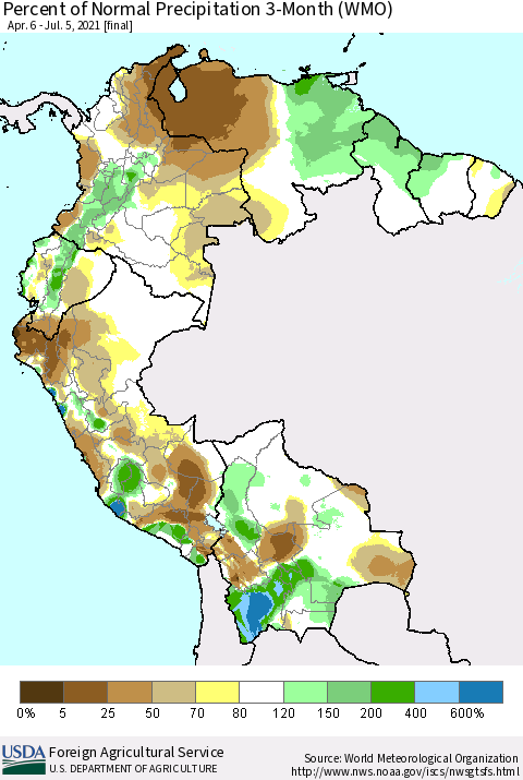 Northern South America Percent of Normal Precipitation 3-Month (WMO) Thematic Map For 4/6/2021 - 7/5/2021