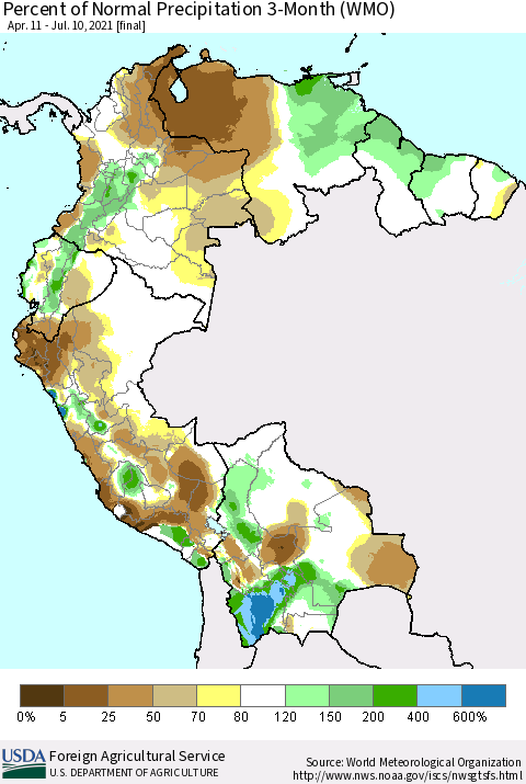 Northern South America Percent of Normal Precipitation 3-Month (WMO) Thematic Map For 4/11/2021 - 7/10/2021
