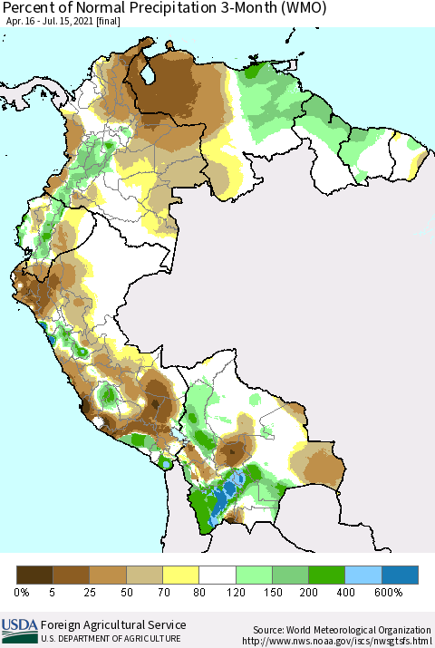 Northern South America Percent of Normal Precipitation 3-Month (WMO) Thematic Map For 4/16/2021 - 7/15/2021