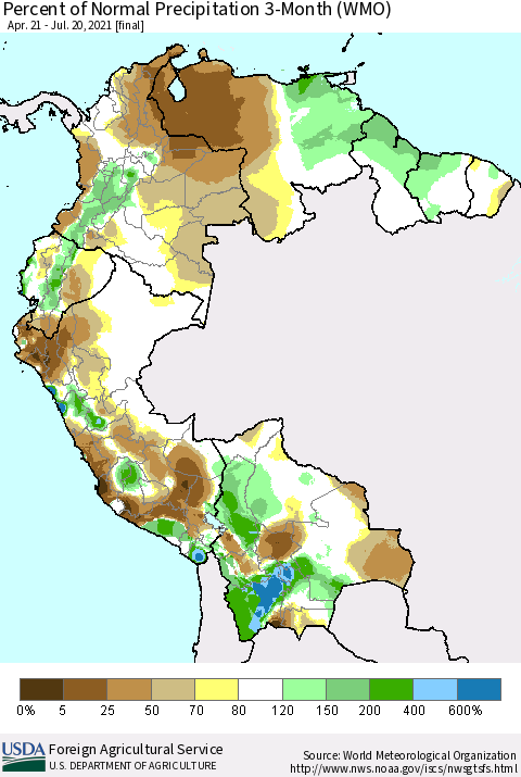 Northern South America Percent of Normal Precipitation 3-Month (WMO) Thematic Map For 4/21/2021 - 7/20/2021