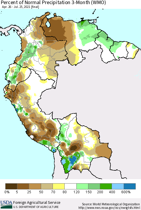 Northern South America Percent of Normal Precipitation 3-Month (WMO) Thematic Map For 4/26/2021 - 7/25/2021