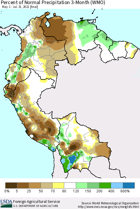 Northern South America Percent of Normal Precipitation 3-Month (WMO) Thematic Map For 5/1/2021 - 7/31/2021
