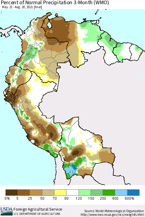 Northern South America Percent of Normal Precipitation 3-Month (WMO) Thematic Map For 5/21/2021 - 8/20/2021