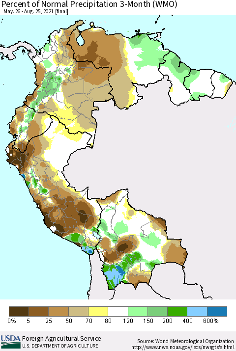 Northern South America Percent of Normal Precipitation 3-Month (WMO) Thematic Map For 5/26/2021 - 8/25/2021