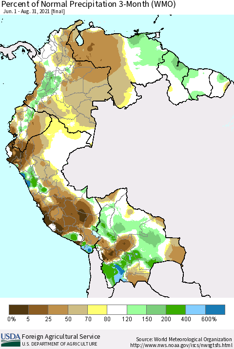 Northern South America Percent of Normal Precipitation 3-Month (WMO) Thematic Map For 6/1/2021 - 8/31/2021