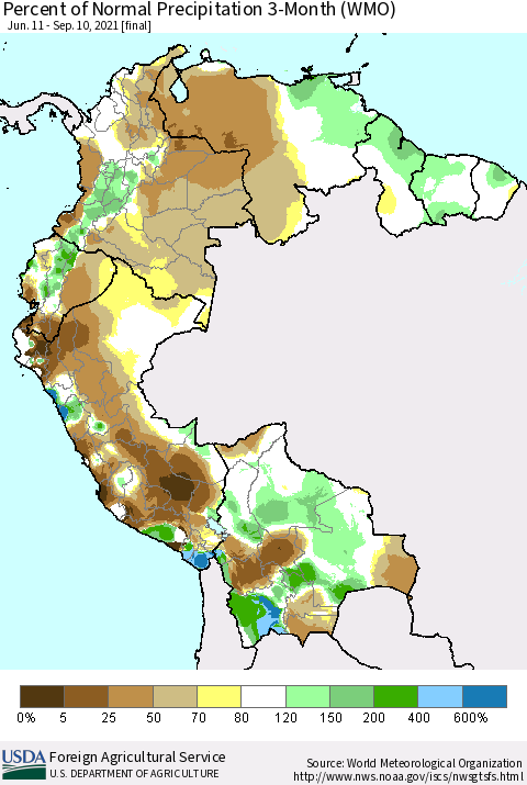 Northern South America Percent of Normal Precipitation 3-Month (WMO) Thematic Map For 6/11/2021 - 9/10/2021