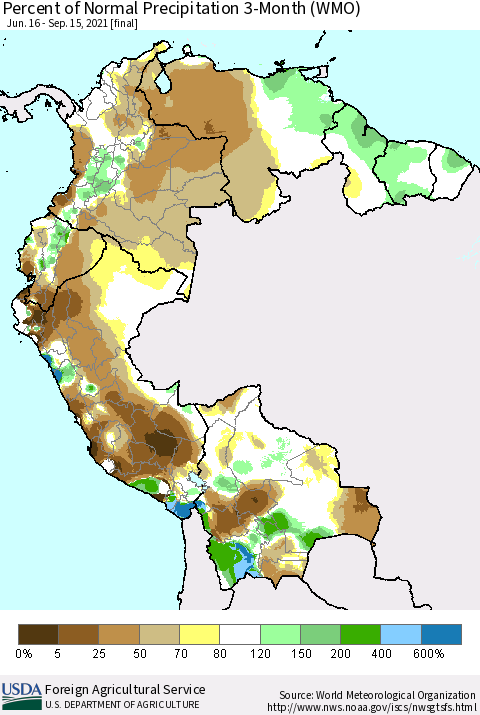 Northern South America Percent of Normal Precipitation 3-Month (WMO) Thematic Map For 6/16/2021 - 9/15/2021
