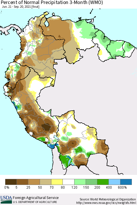 Northern South America Percent of Normal Precipitation 3-Month (WMO) Thematic Map For 6/21/2021 - 9/20/2021