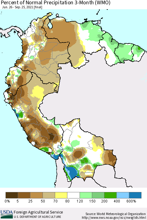 Northern South America Percent of Normal Precipitation 3-Month (WMO) Thematic Map For 6/26/2021 - 9/25/2021