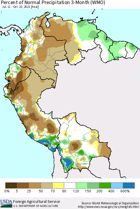 Northern South America Percent of Normal Precipitation 3-Month (WMO) Thematic Map For 7/11/2021 - 10/10/2021