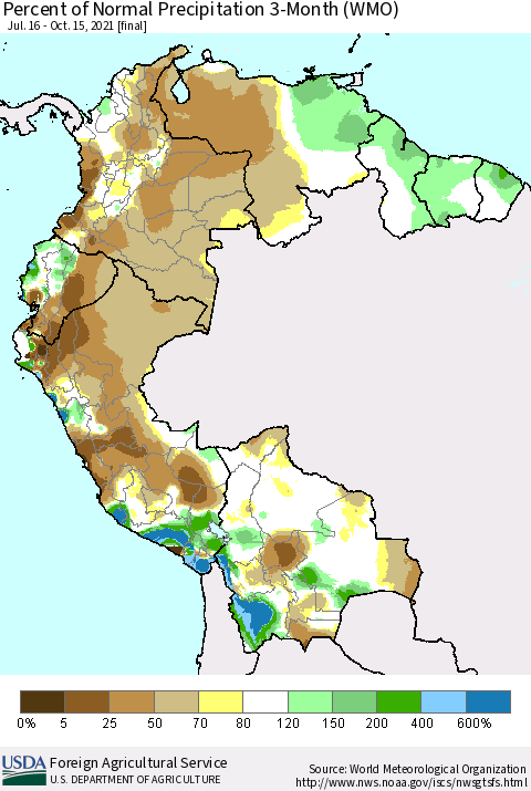 Northern South America Percent of Normal Precipitation 3-Month (WMO) Thematic Map For 7/16/2021 - 10/15/2021