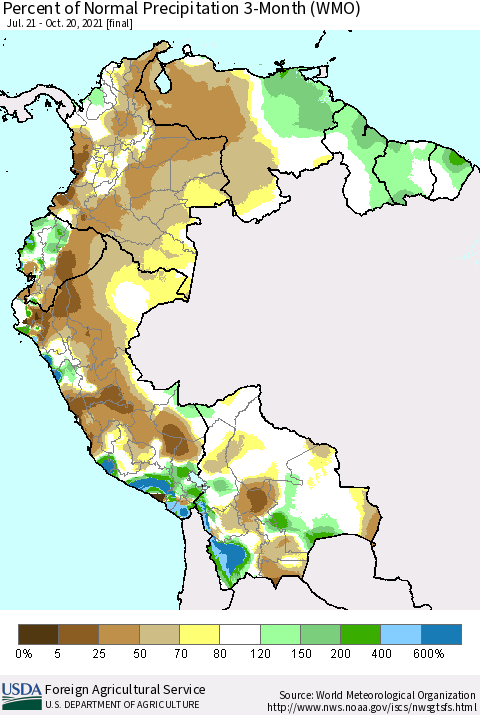 Northern South America Percent of Normal Precipitation 3-Month (WMO) Thematic Map For 7/21/2021 - 10/20/2021