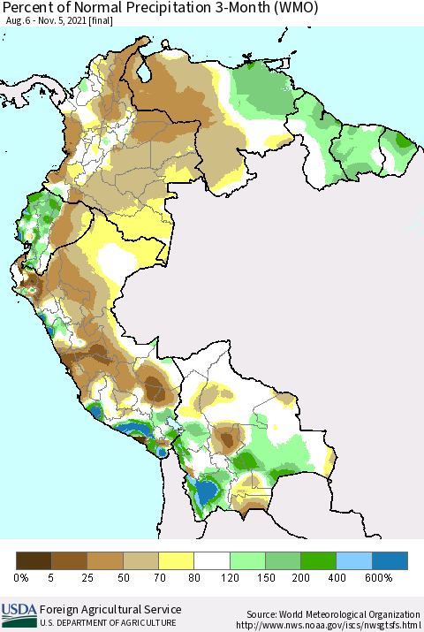 Northern South America Percent of Normal Precipitation 3-Month (WMO) Thematic Map For 8/6/2021 - 11/5/2021
