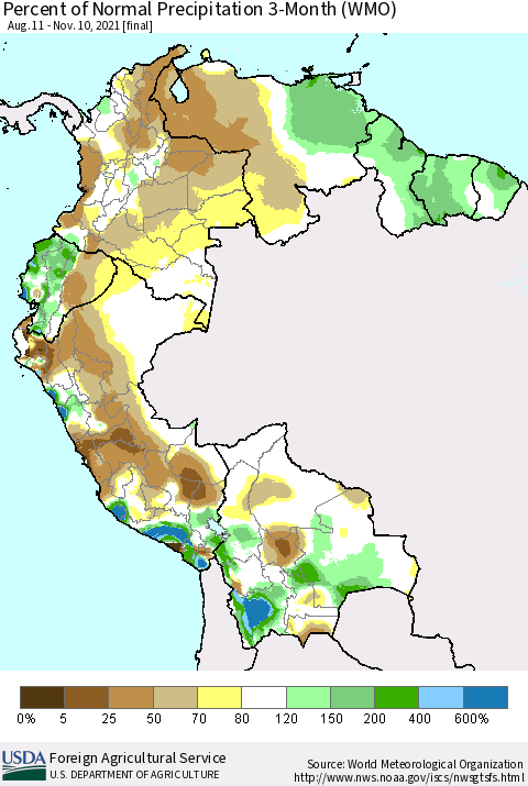 Northern South America Percent of Normal Precipitation 3-Month (WMO) Thematic Map For 8/11/2021 - 11/10/2021