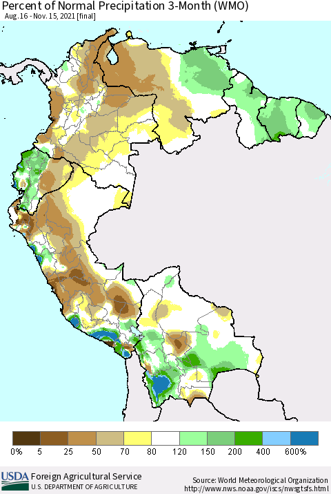 Northern South America Percent of Normal Precipitation 3-Month (WMO) Thematic Map For 8/16/2021 - 11/15/2021