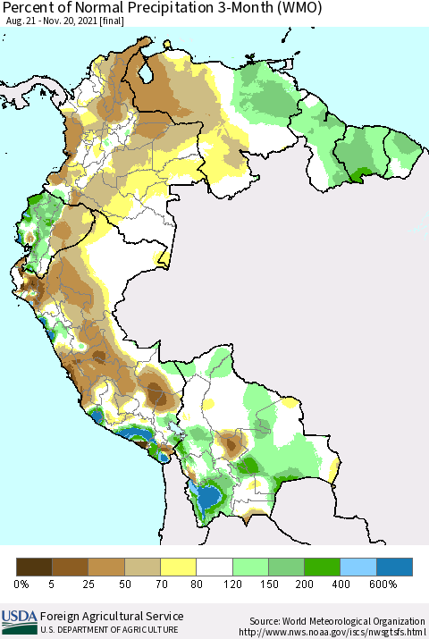 Northern South America Percent of Normal Precipitation 3-Month (WMO) Thematic Map For 8/21/2021 - 11/20/2021