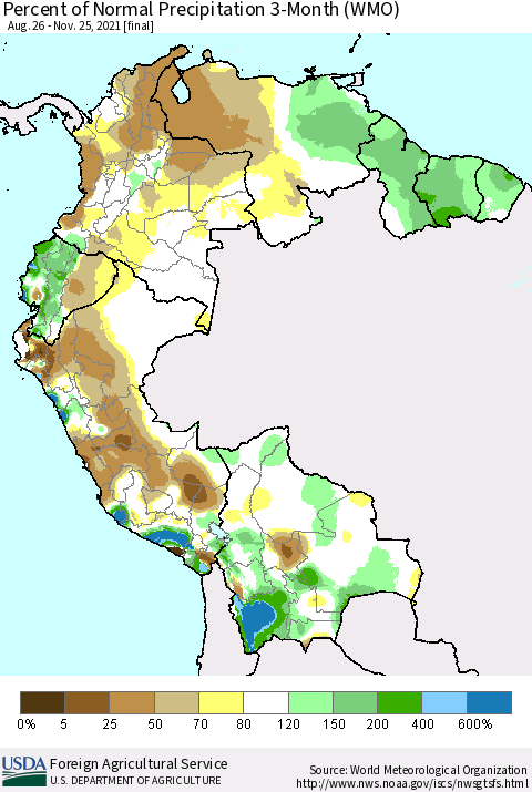 Northern South America Percent of Normal Precipitation 3-Month (WMO) Thematic Map For 8/26/2021 - 11/25/2021