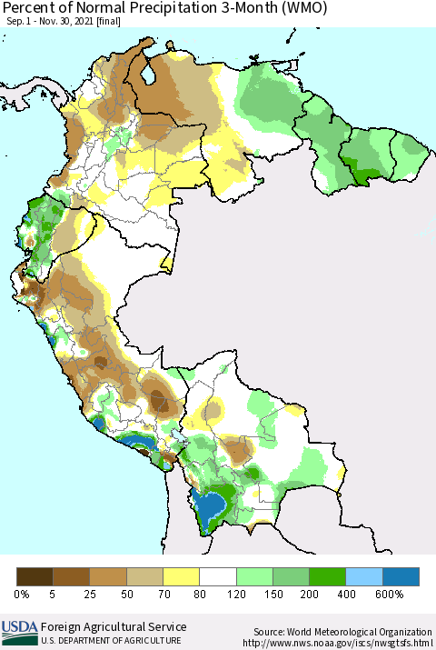 Northern South America Percent of Normal Precipitation 3-Month (WMO) Thematic Map For 9/1/2021 - 11/30/2021