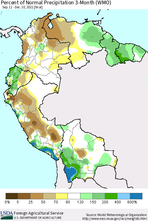 Northern South America Percent of Normal Precipitation 3-Month (WMO) Thematic Map For 9/11/2021 - 12/10/2021
