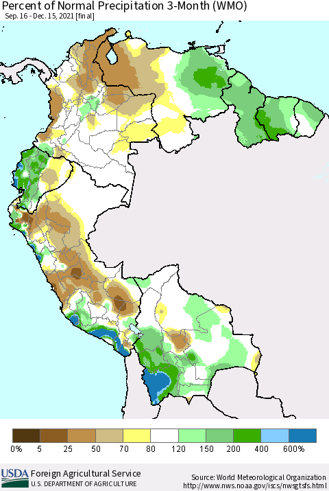 Northern South America Percent of Normal Precipitation 3-Month (WMO) Thematic Map For 9/16/2021 - 12/15/2021