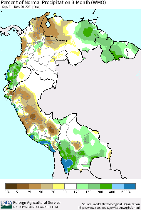 Northern South America Percent of Normal Precipitation 3-Month (WMO) Thematic Map For 9/21/2021 - 12/20/2021