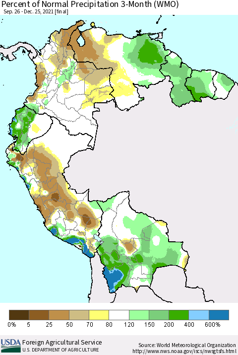 Northern South America Percent of Normal Precipitation 3-Month (WMO) Thematic Map For 9/26/2021 - 12/25/2021