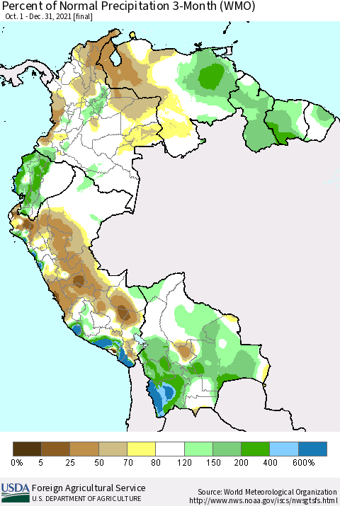 Northern South America Percent of Normal Precipitation 3-Month (WMO) Thematic Map For 10/1/2021 - 12/31/2021