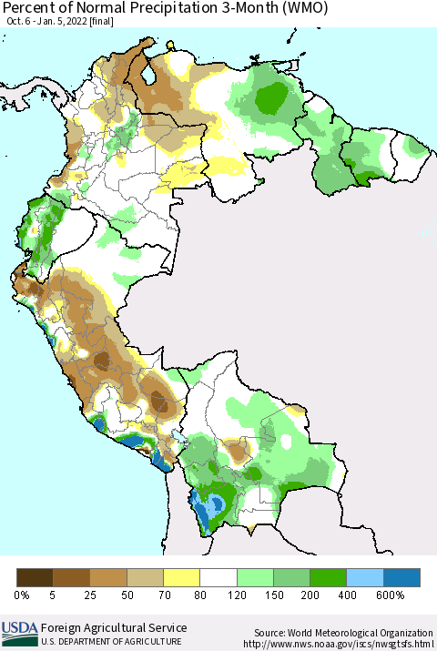 Northern South America Percent of Normal Precipitation 3-Month (WMO) Thematic Map For 10/6/2021 - 1/5/2022