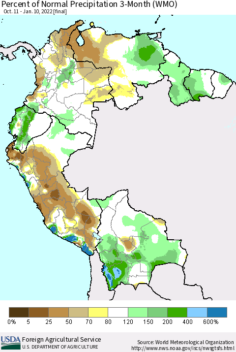 Northern South America Percent of Normal Precipitation 3-Month (WMO) Thematic Map For 10/11/2021 - 1/10/2022