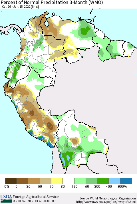 Northern South America Percent of Normal Precipitation 3-Month (WMO) Thematic Map For 10/16/2021 - 1/15/2022