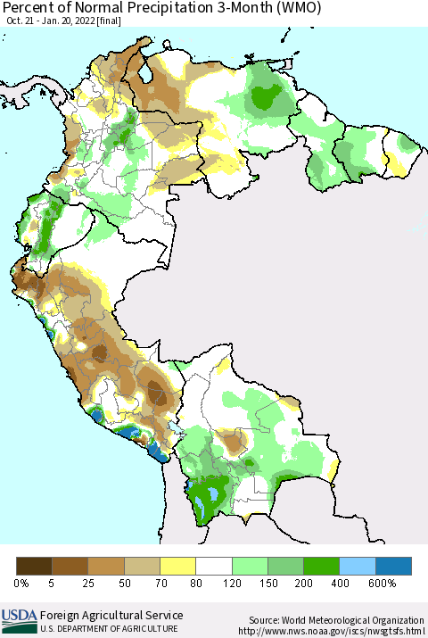 Northern South America Percent of Normal Precipitation 3-Month (WMO) Thematic Map For 10/21/2021 - 1/20/2022