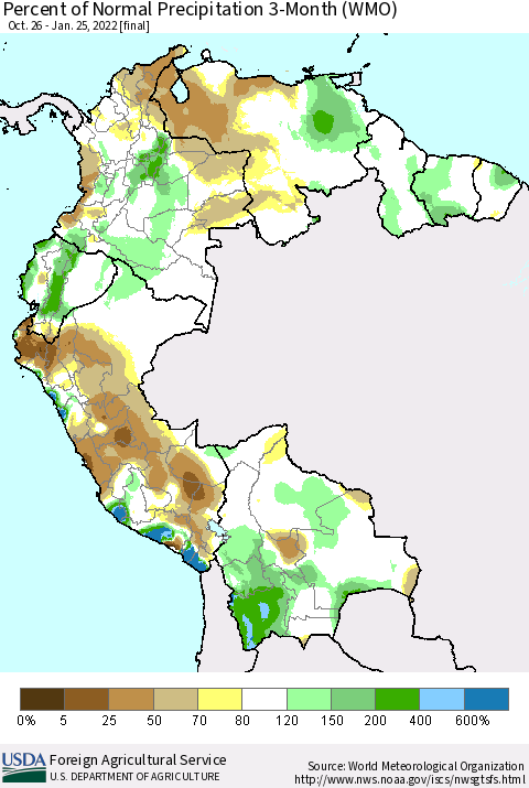 Northern South America Percent of Normal Precipitation 3-Month (WMO) Thematic Map For 10/26/2021 - 1/25/2022