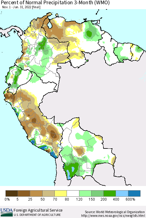 Northern South America Percent of Normal Precipitation 3-Month (WMO) Thematic Map For 11/1/2021 - 1/31/2022