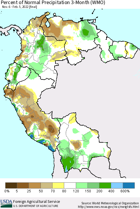 Northern South America Percent of Normal Precipitation 3-Month (WMO) Thematic Map For 11/6/2021 - 2/5/2022