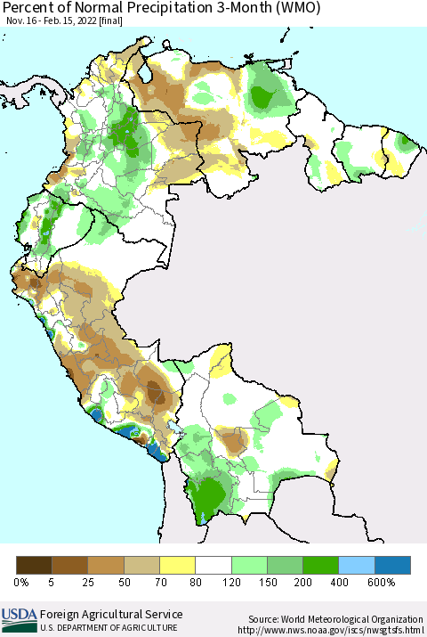 Northern South America Percent of Normal Precipitation 3-Month (WMO) Thematic Map For 11/16/2021 - 2/15/2022