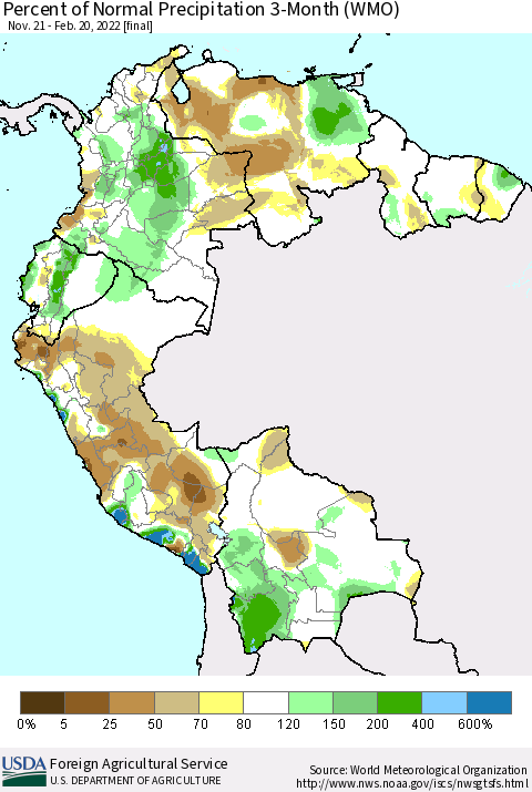 Northern South America Percent of Normal Precipitation 3-Month (WMO) Thematic Map For 11/21/2021 - 2/20/2022