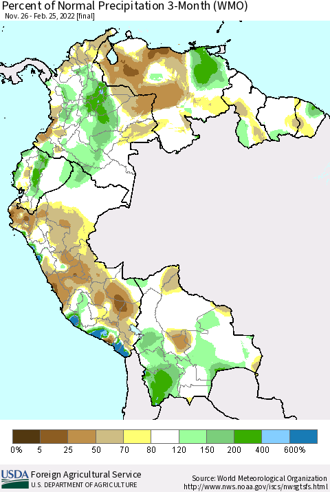 Northern South America Percent of Normal Precipitation 3-Month (WMO) Thematic Map For 11/26/2021 - 2/25/2022
