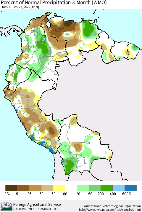 Northern South America Percent of Normal Precipitation 3-Month (WMO) Thematic Map For 12/1/2021 - 2/28/2022
