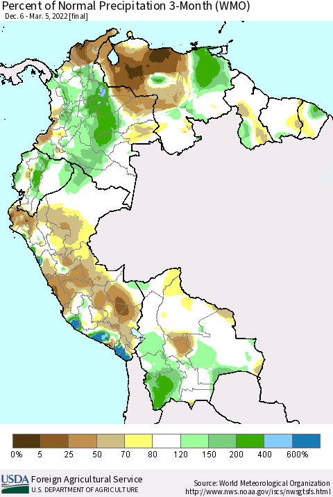 Northern South America Percent of Normal Precipitation 3-Month (WMO) Thematic Map For 12/6/2021 - 3/5/2022
