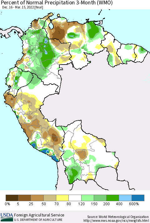 Northern South America Percent of Normal Precipitation 3-Month (WMO) Thematic Map For 12/16/2021 - 3/15/2022