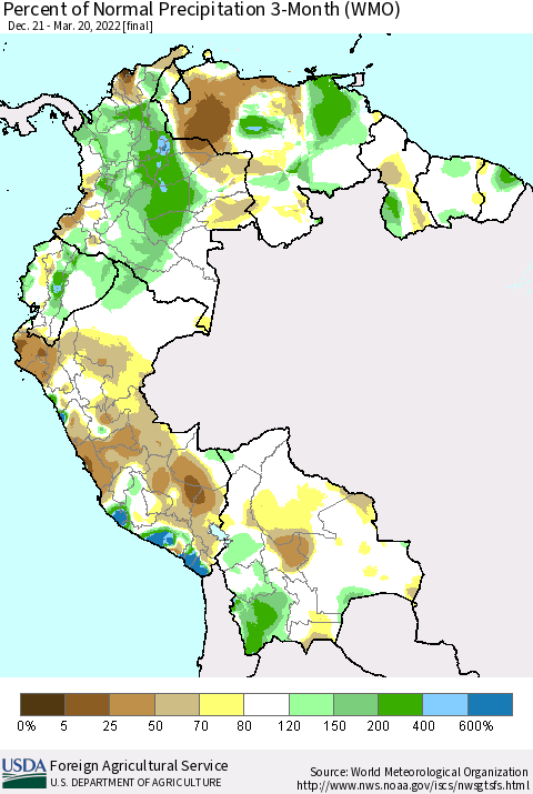Northern South America Percent of Normal Precipitation 3-Month (WMO) Thematic Map For 12/21/2021 - 3/20/2022