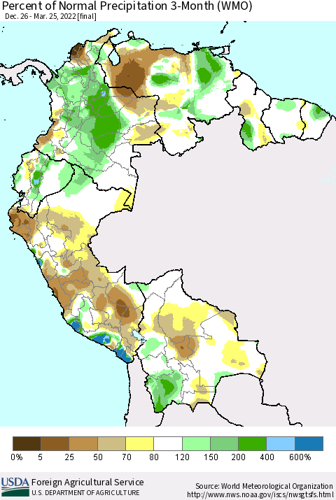 Northern South America Percent of Normal Precipitation 3-Month (WMO) Thematic Map For 12/26/2021 - 3/25/2022