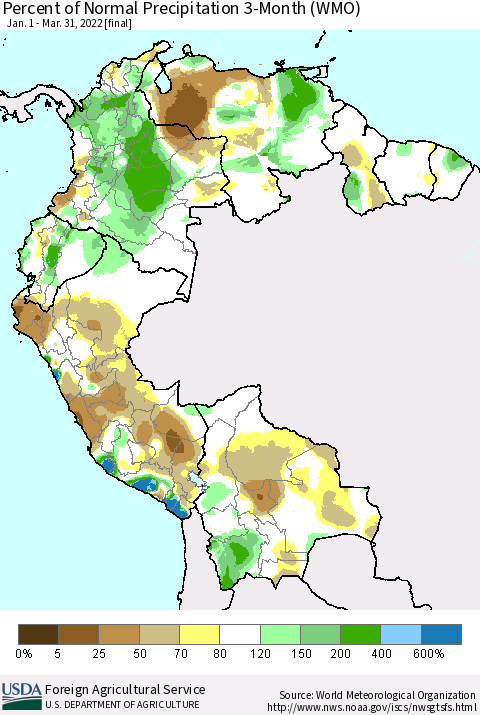 Northern South America Percent of Normal Precipitation 3-Month (WMO) Thematic Map For 1/1/2022 - 3/31/2022